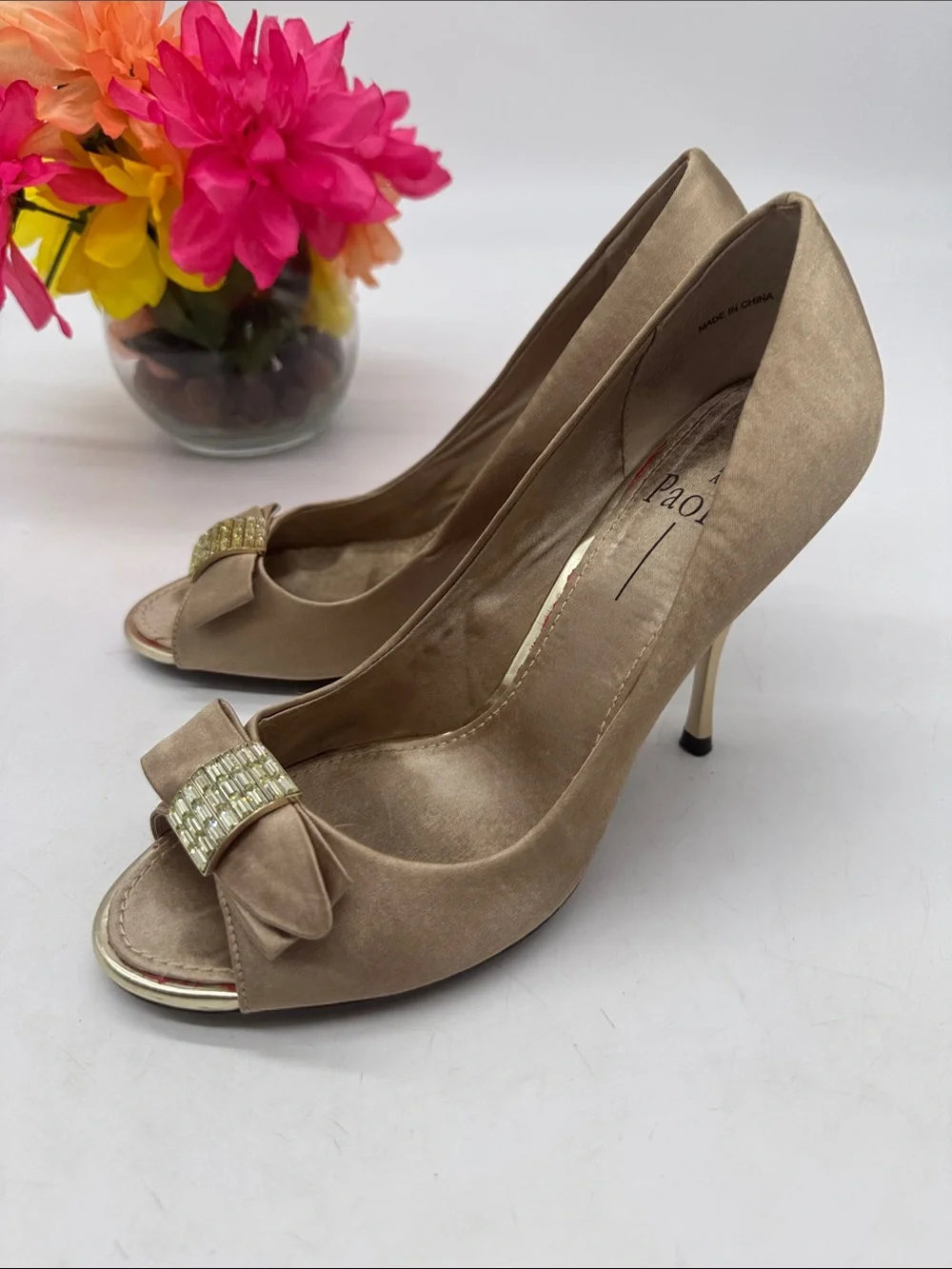 Paolo Taupe Satin Peep-Toe Heels with Bow and Rhinestone Accent 7.5 MCH10103G